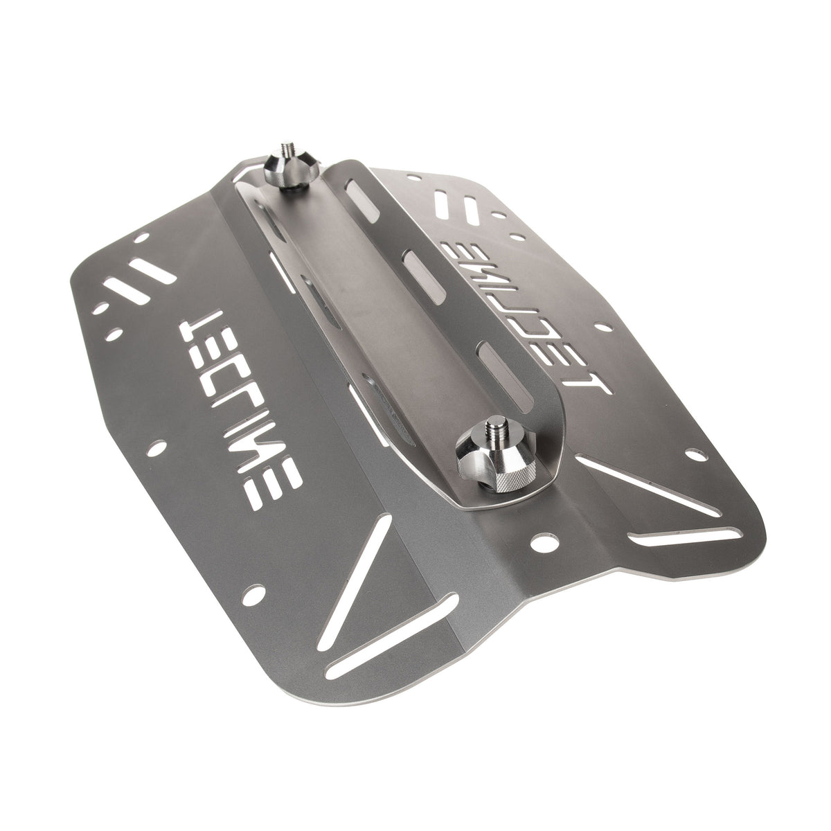 Tecline titanium standard backplate beside its titanium single tank adapter
