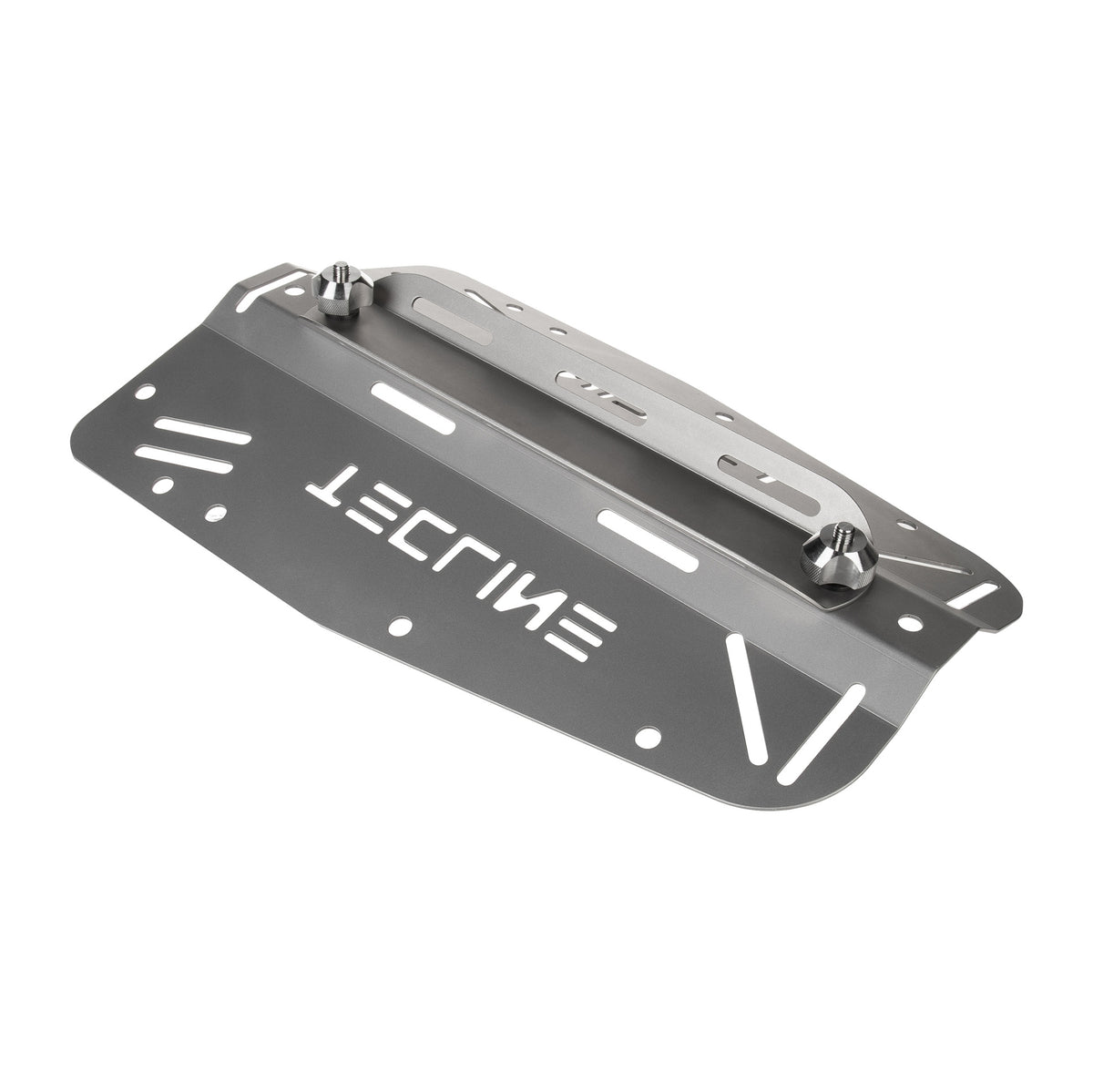 Tecline titanium standard backplate beside its titanium single tank adapter