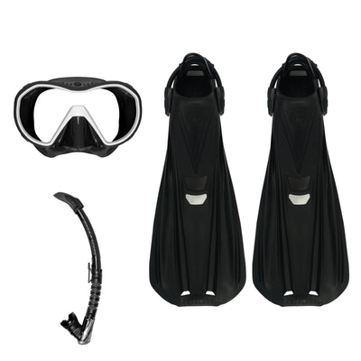 Aqua Lung Storm Max fins in black, Plazma mask in black and white, and Zephyr Flex snorkel in black