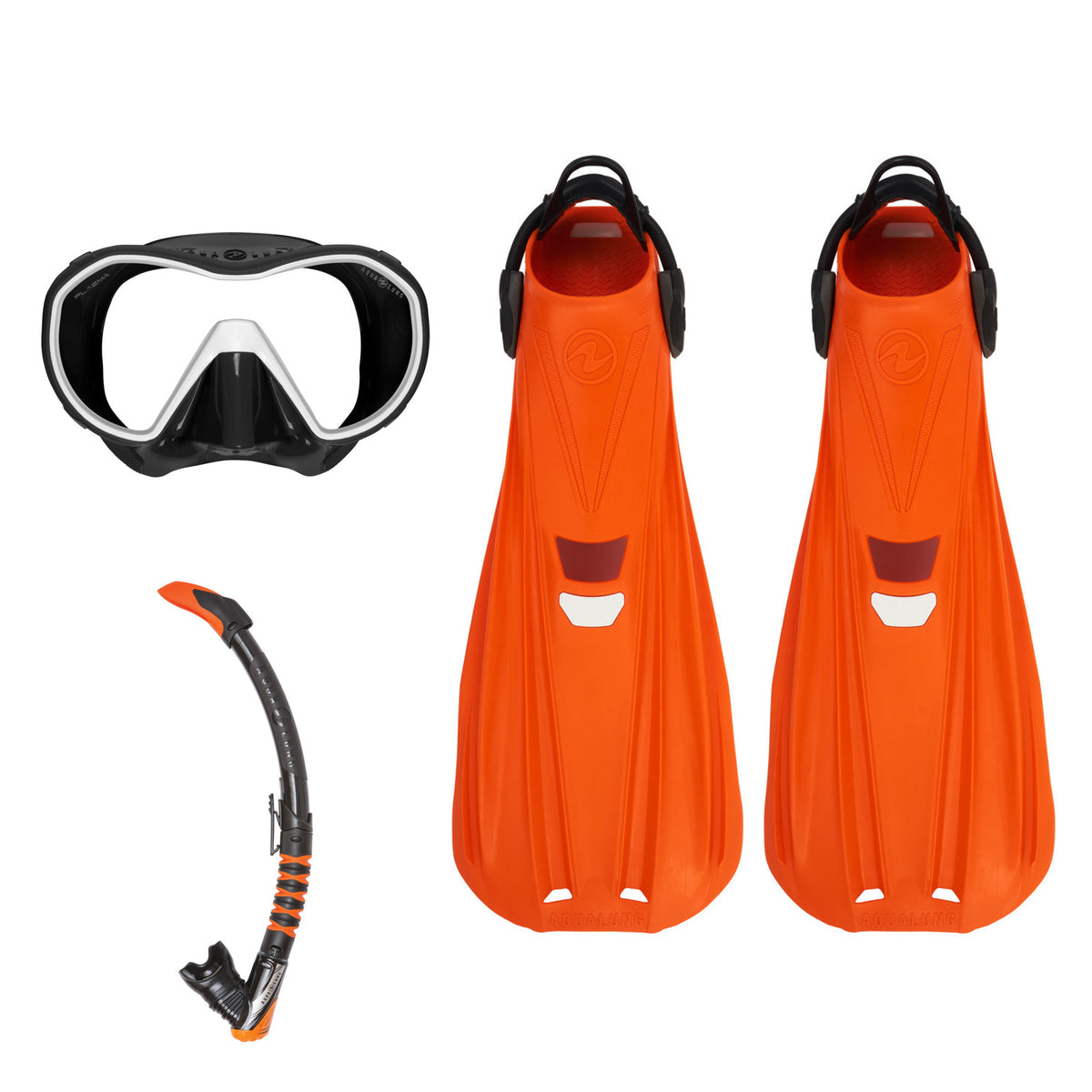 Aqua Lung Storm Max fins in orange, Plazma mask in black and white, and Zephyr Flex snorkel in black and orange