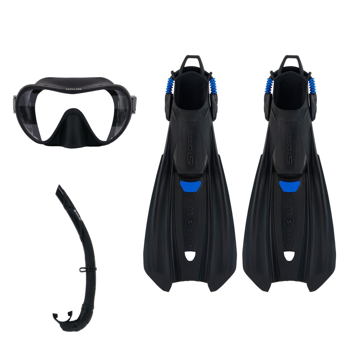 Aqua Lung Storm fins, Nabul mask and Wrap snorkel, all in black