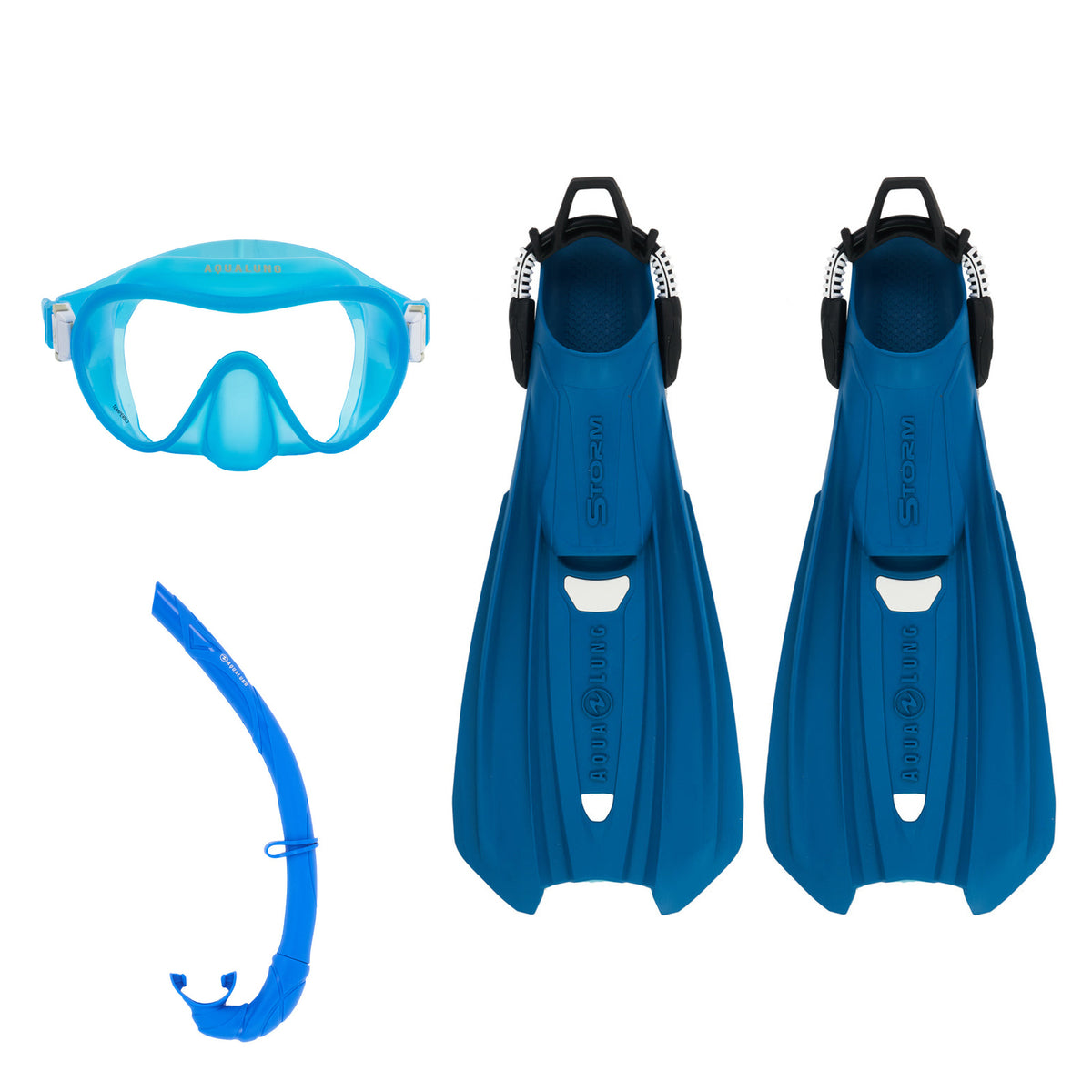 Aqua Lung Storm fins in petrol, Nabul mask in blue, and Wrap snorkel in blue