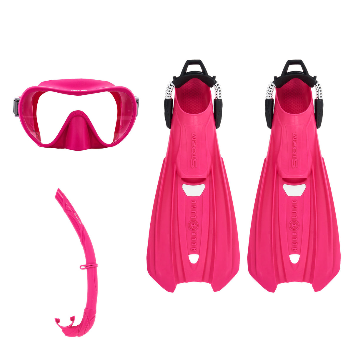 Aqua Lung Storm fins, Nabul mask and Wrap snorkel, all in pink