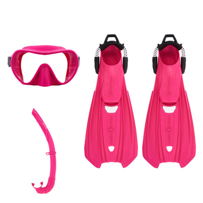 Aqua Lung Storm fins, Nabul mask and Wrap snorkel, all in pink