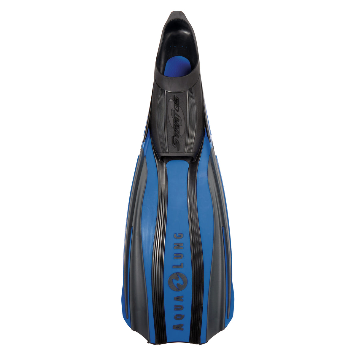 Aqua Lung Stratos 3 fin in black, top view showing the full-foot pocket and four-channel blade