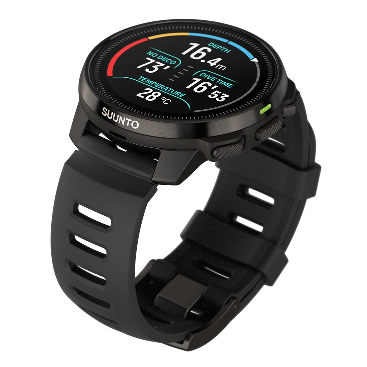 Suunto Ocean in black, angled view showing depth and dive data on the AMOLED display