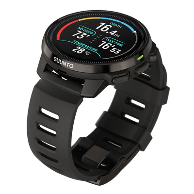 Suunto Ocean in black, angled view showing depth and dive data on the AMOLED display