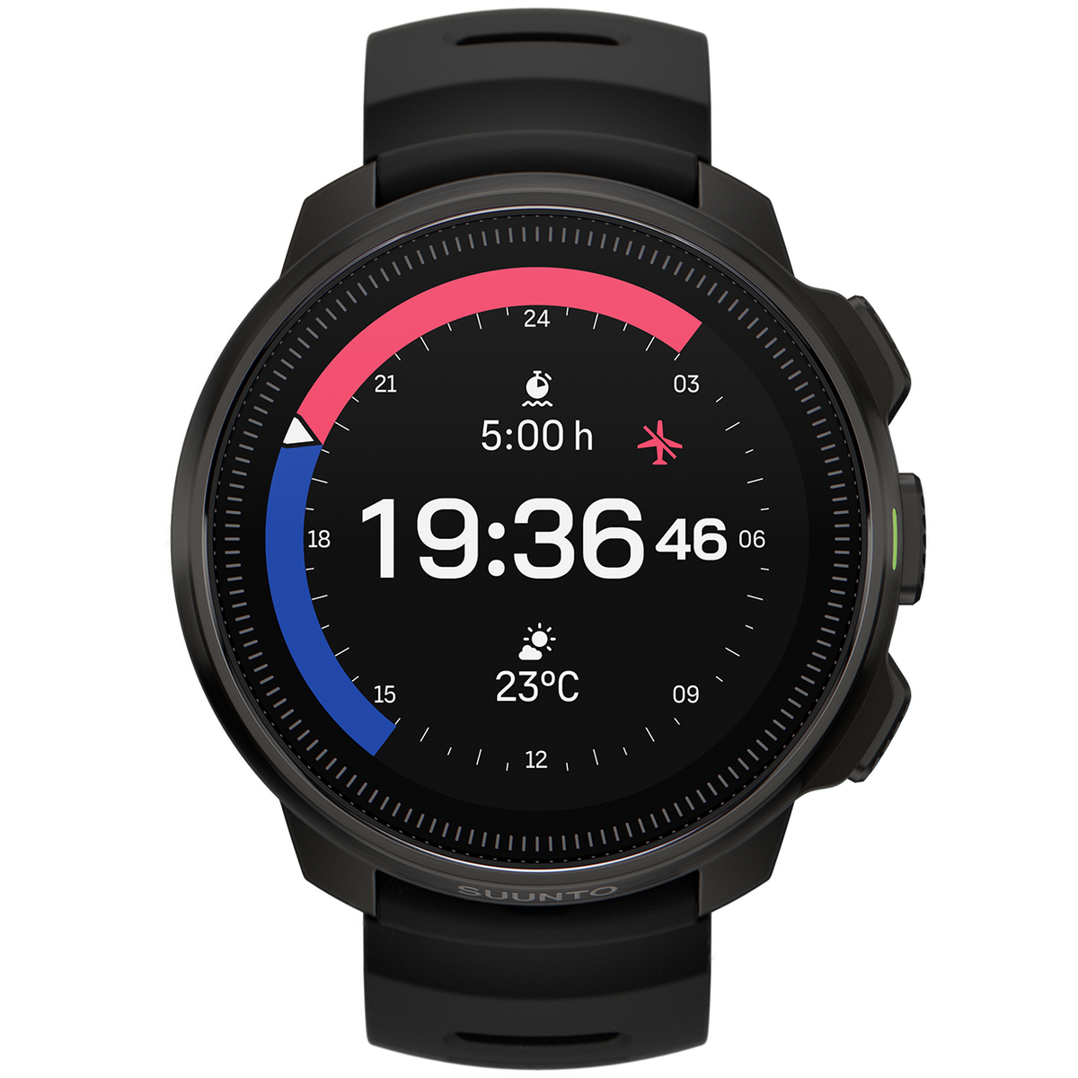Suunto Ocean in all black, front view of the analogue watch face