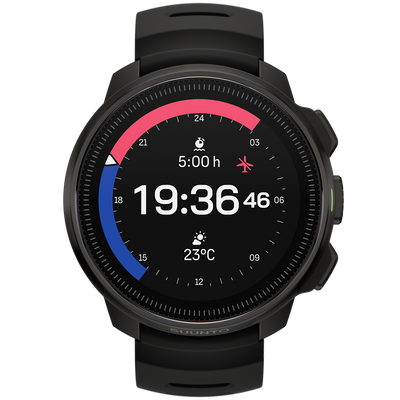 Suunto Ocean in all black, front view of the analogue watch face