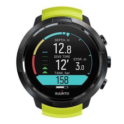 Suunto D5 on a lime strap, showing depth, dive time and tank pressure