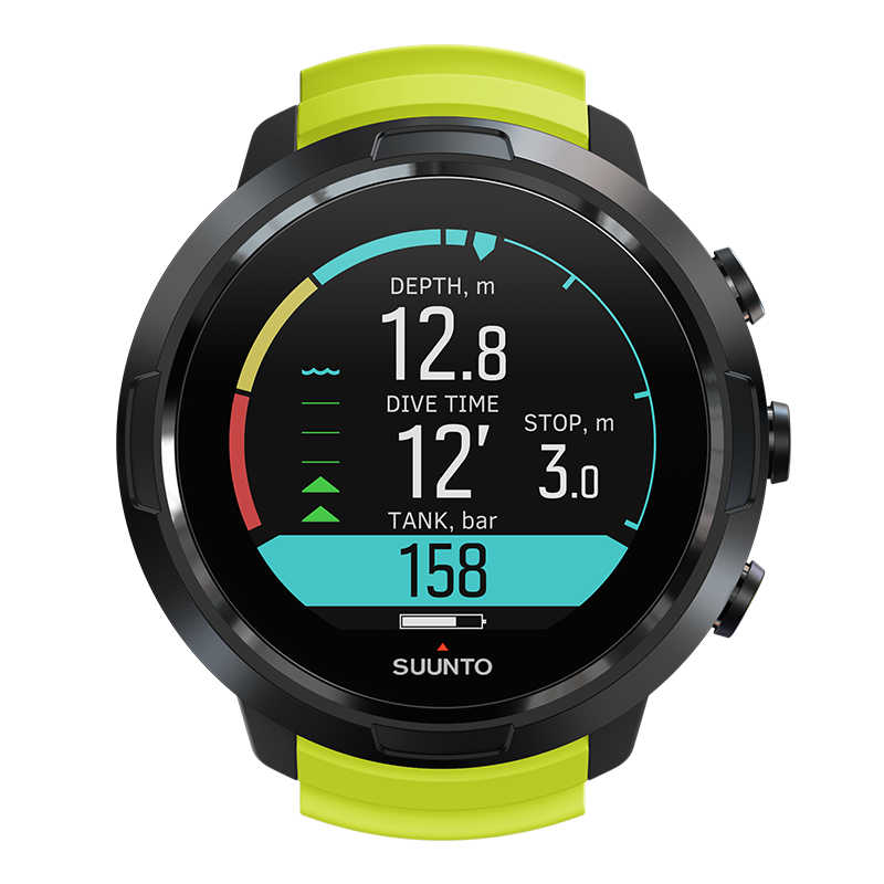 Suunto D5 on a lime strap, showing depth, dive time and tank pressure