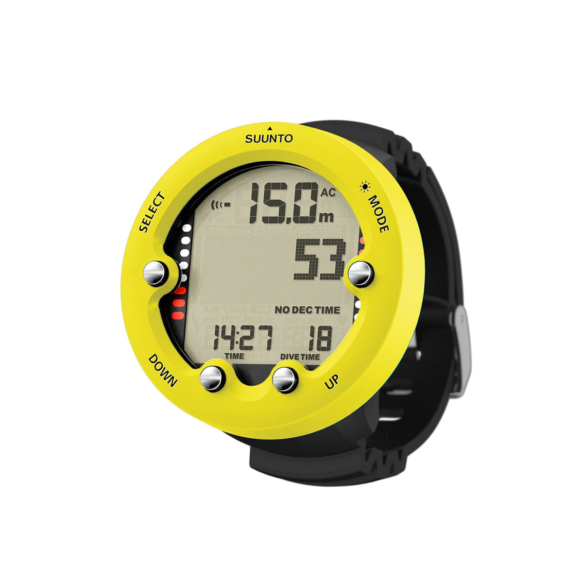 Suunto Zoop Novo in lemon yellow, front view of the display
