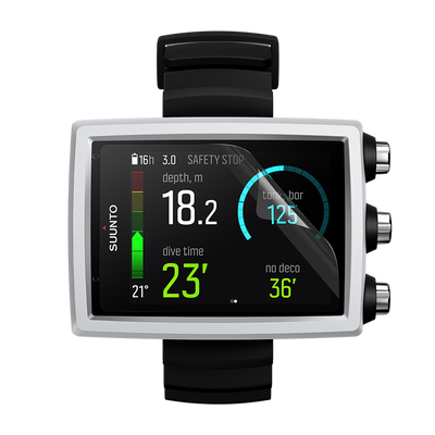 Suunto EON Core with a white bezel, angled view showing depth and dive time