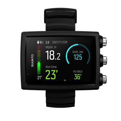 Suunto EON Core in black on its strap, showing a safety stop with tank pressure