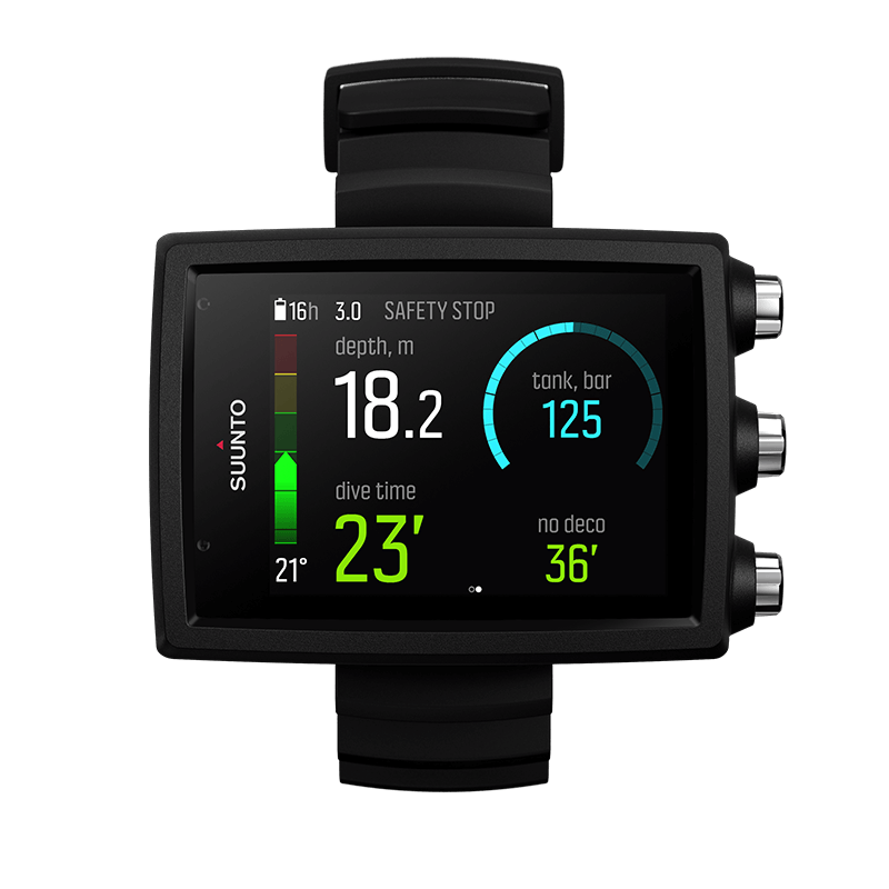 Suunto EON Core in black on its strap, showing a safety stop with tank pressure