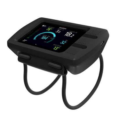 Suunto EON Steel in black on a bungee mount, showing depth and tank pressure