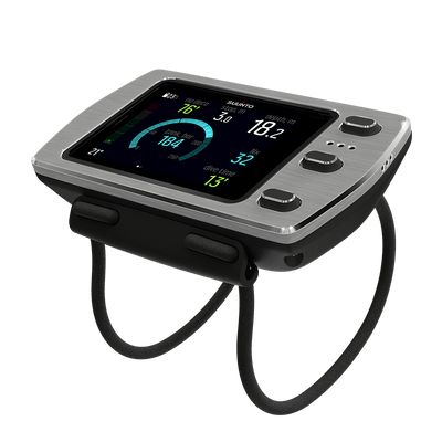 Suunto EON Steel with a steel bezel on a bungee mount, showing depth and tank pressure