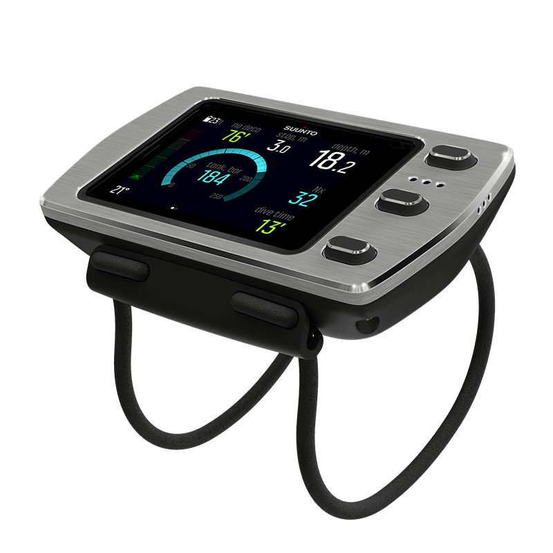 Suunto EON Steel in black on a bungee mount, showing depth and tank pressure