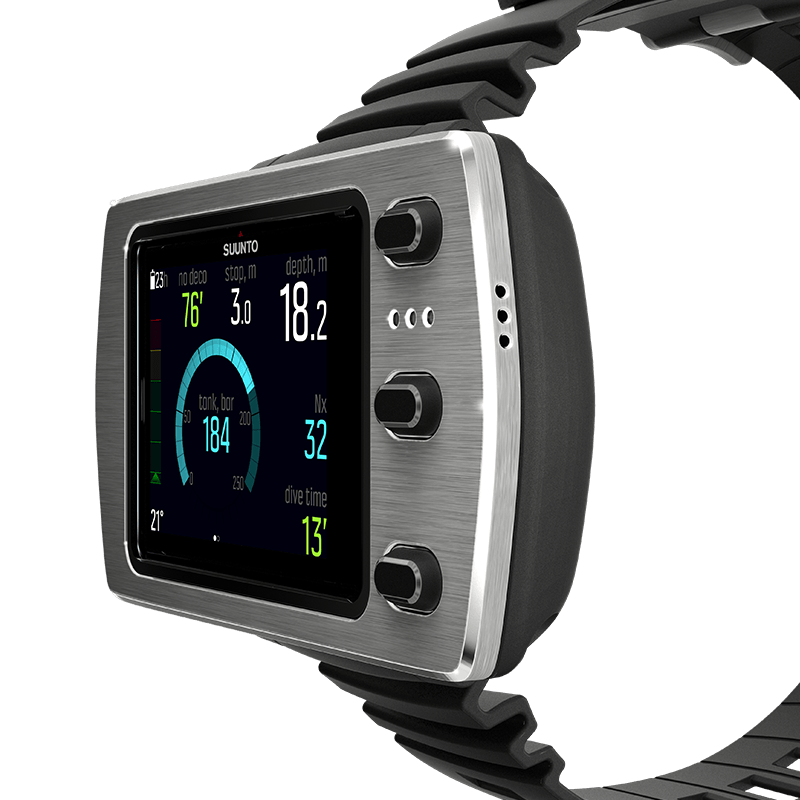 Suunto EON Steel in black on a bungee mount, showing depth and tank pressure