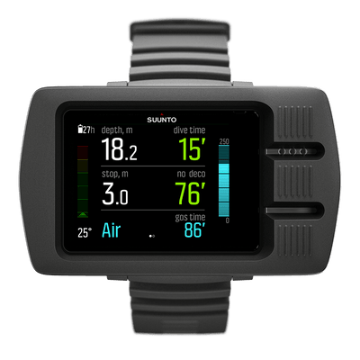 Suunto EON Steel in black, front view showing depth, dive time and no-decompression time on air