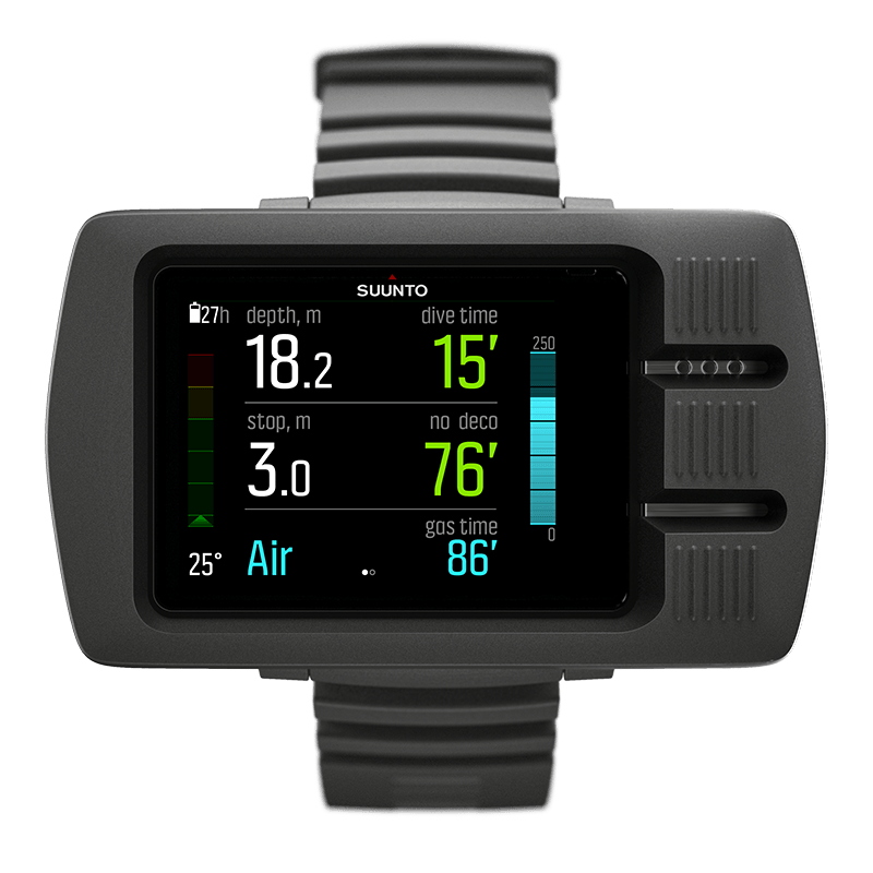 Suunto EON Steel in black, front view showing depth, dive time and no-decompression time on air