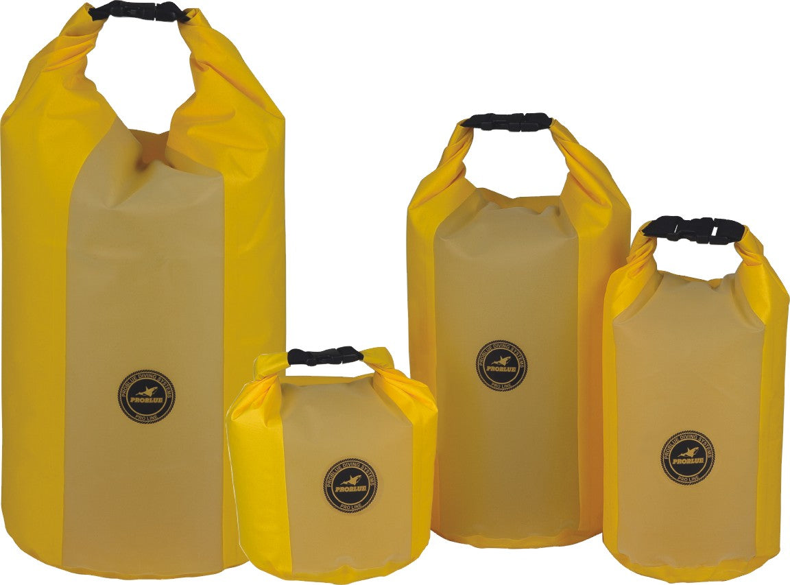 Scubatech yellow roll-top dry bags shown as a range of four sizes