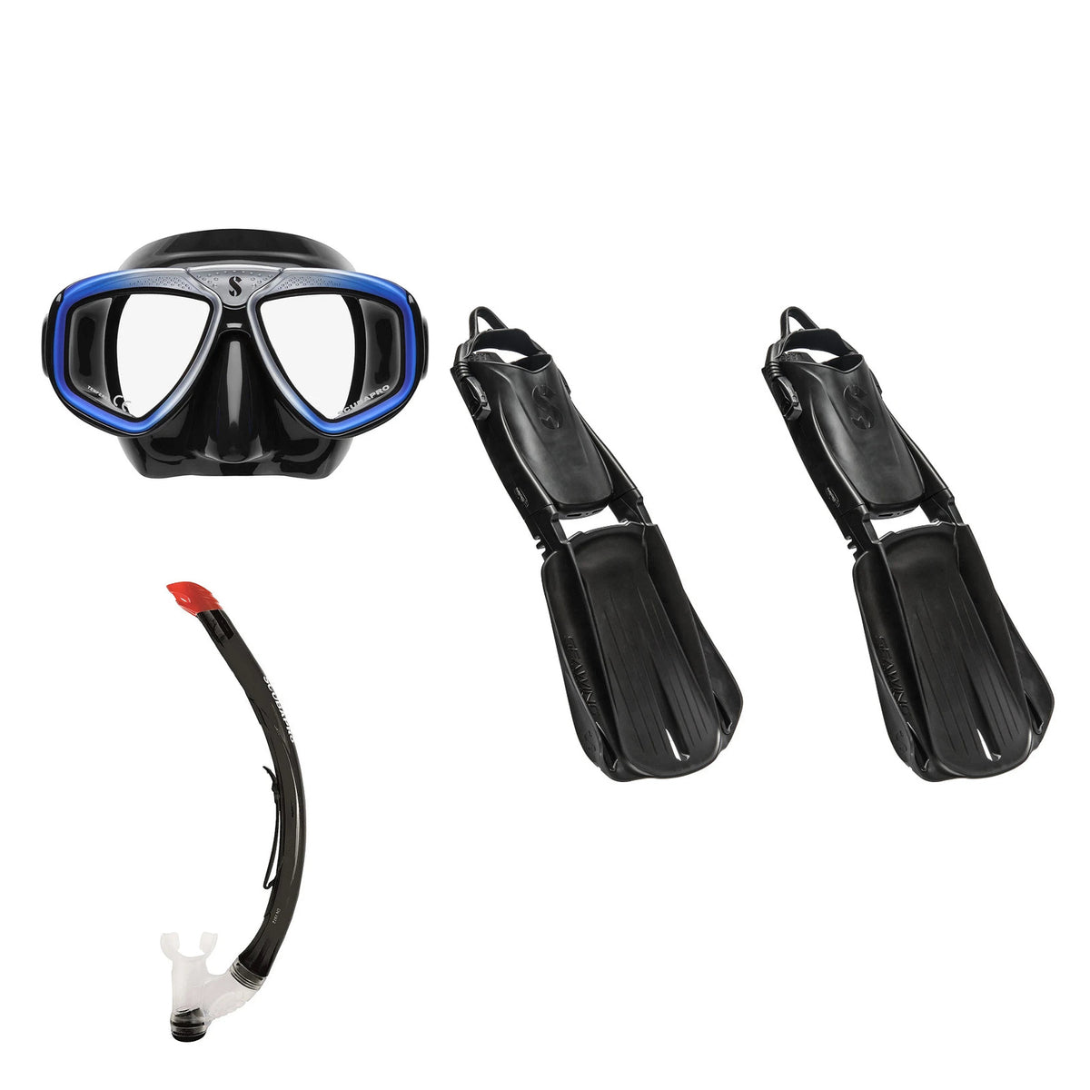 SCUBAPRO Zoom mask in black and blue, Vent 2 snorkel in black and Seawing Supernova fins in black