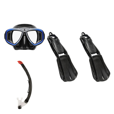SCUBAPRO Zoom mask in black and blue, Vent 2 snorkel in black and Seawing Supernova fins in black