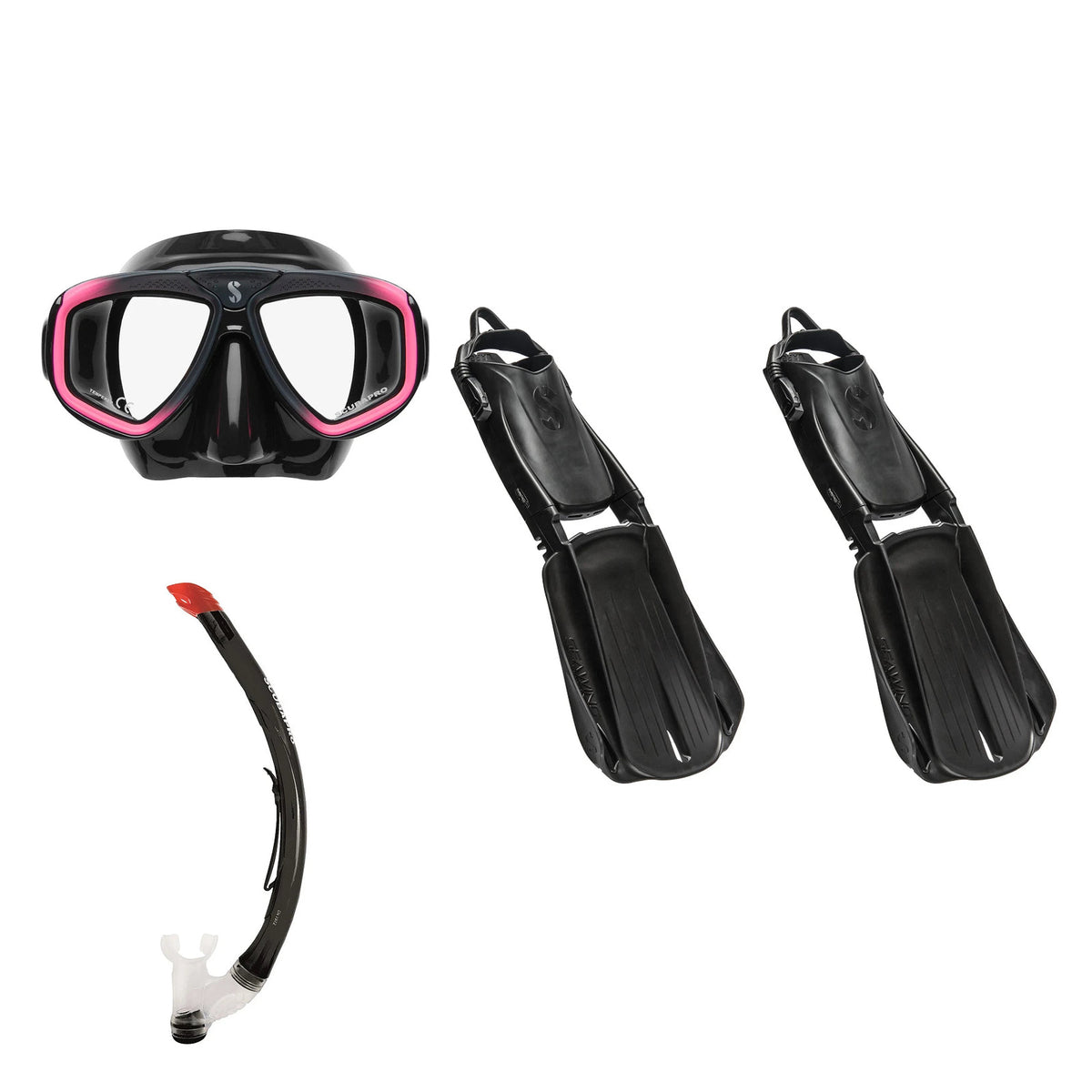 SCUBAPRO Zoom mask in black and pink, Vent 2 snorkel in black and Seawing Supernova fins in black