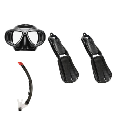 SCUBAPRO Zoom mask in black and silver, Vent 2 snorkel in black and Seawing Supernova fins in black