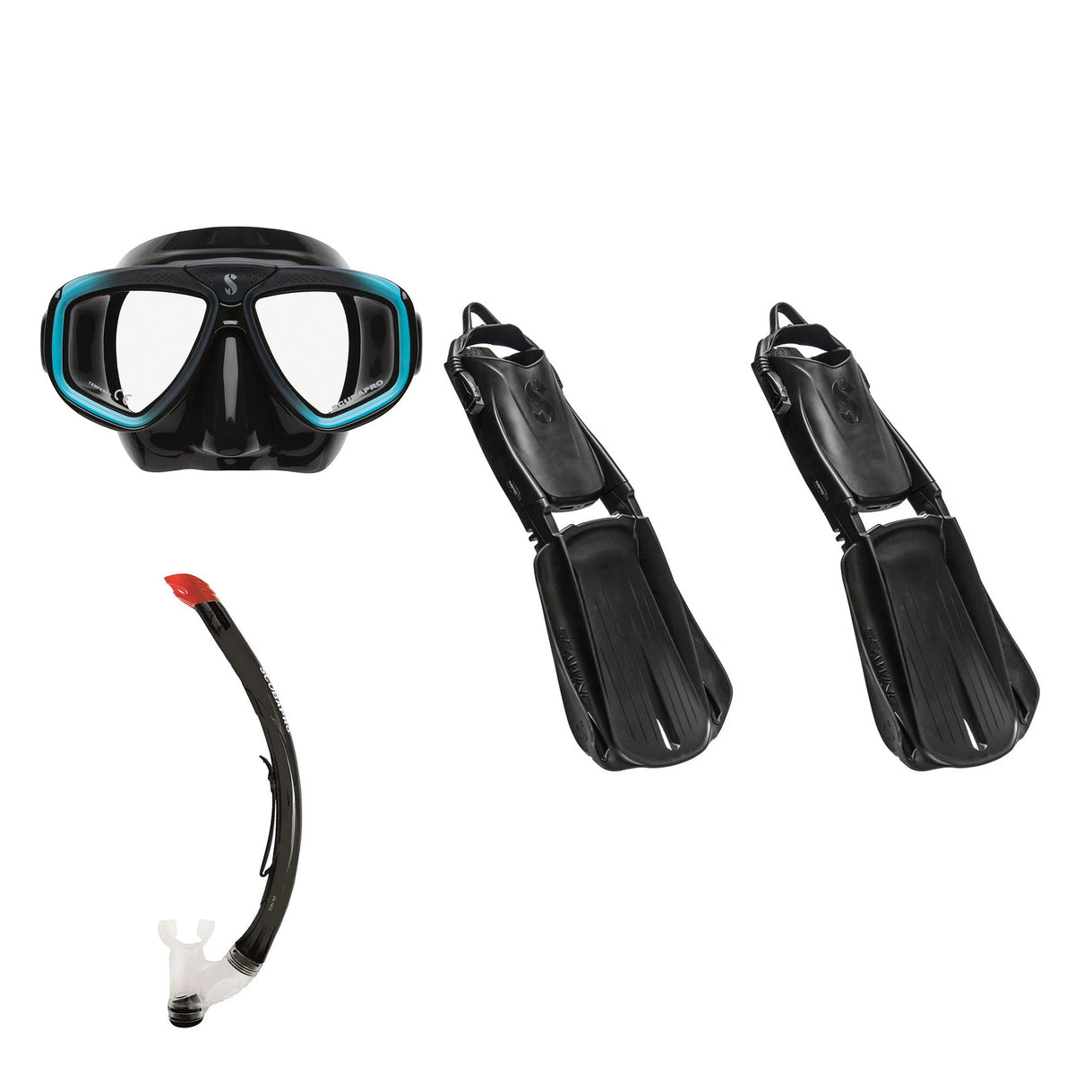 SCUBAPRO Zoom mask in black and turquoise, Vent 2 snorkel in black and Seawing Supernova fins in black