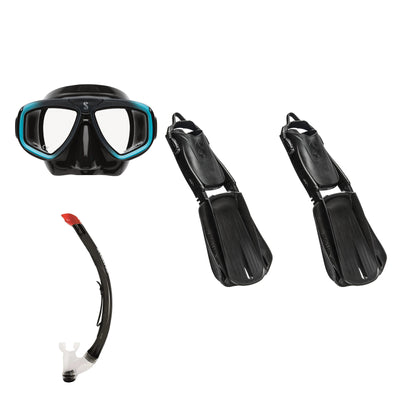 SCUBAPRO Zoom mask in black and turquoise, Vent 2 snorkel in black and Seawing Supernova fins in black