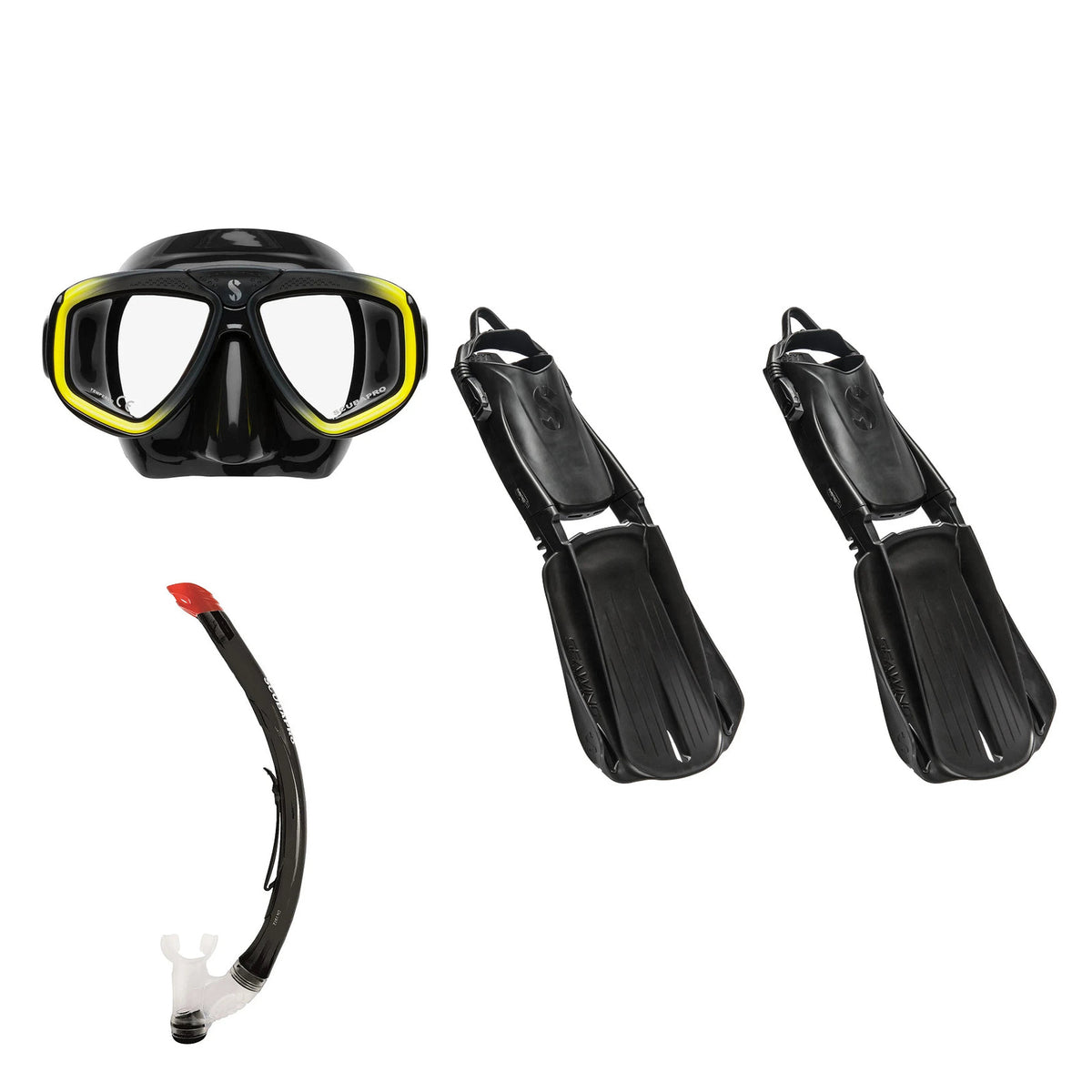 SCUBAPRO Zoom mask in black and yellow, Vent 2 snorkel in black and Seawing Supernova fins in black