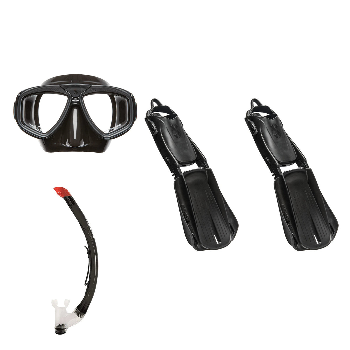 SCUBAPRO Zoom mask in black, Vent 2 snorkel in black and Seawing Supernova fins in black