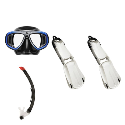 SCUBAPRO Zoom mask in black and blue, Vent 2 snorkel in black and Seawing Supernova fins in white