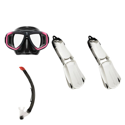 SCUBAPRO Zoom mask in black and pink, Vent 2 snorkel in black and Seawing Supernova fins in white