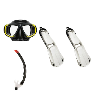 SCUBAPRO Zoom mask in black and yellow, Vent 2 snorkel in black and Seawing Supernova fins in white