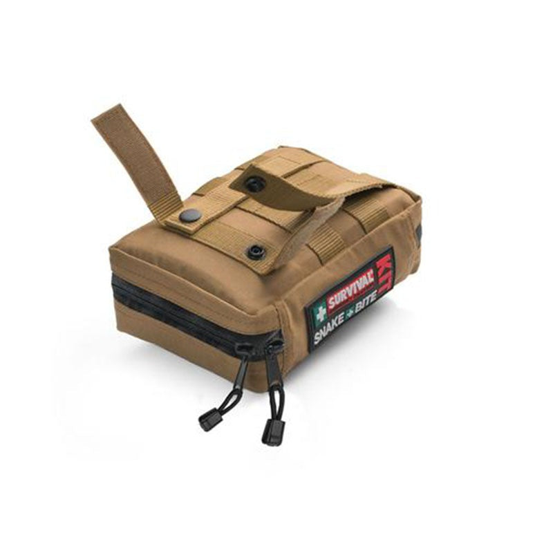 Survival Snake Bite Kit in tan, shown closed and open with the splint and pressure bandages