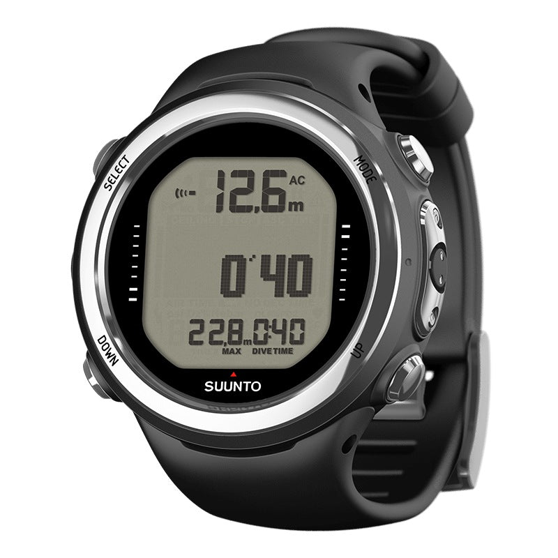 Suunto D4i Novo dive computer in black with a steel bezel, front view showing depth and dive time