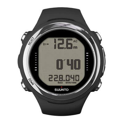Suunto D4i Novo dive computer in black with a steel bezel, front view showing depth and dive time