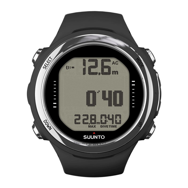 Suunto D4i Novo dive computer in black with a steel bezel, front view showing depth and dive time
