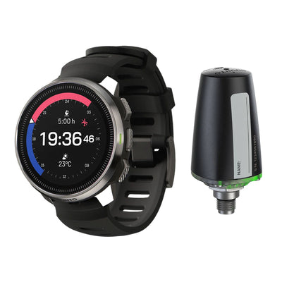 Suunto Ocean dive computer with steel bezel and black strap, with Suunto Tank POD
