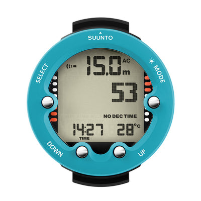 Suunto Zoop Novo dive computer in aqua, showing depth and no-decompression time