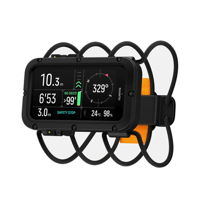 Suunto Nautic on its bungee strap, angled view showing the dive compass screen