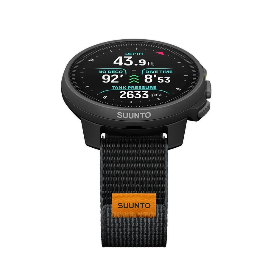 Suunto Nautic S on a black textile strap, front view showing depth, no-decompression time and tank pressure