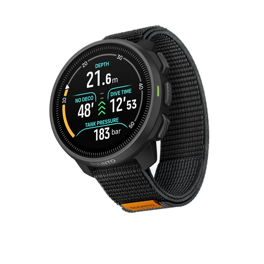 Suunto Nautic S on a black textile strap, front view showing depth, no-decompression time and tank pressure