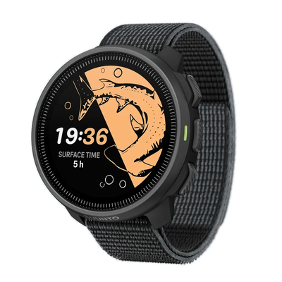 Suunto Nautic S on a textile strap, angled view showing a surface interval watch face