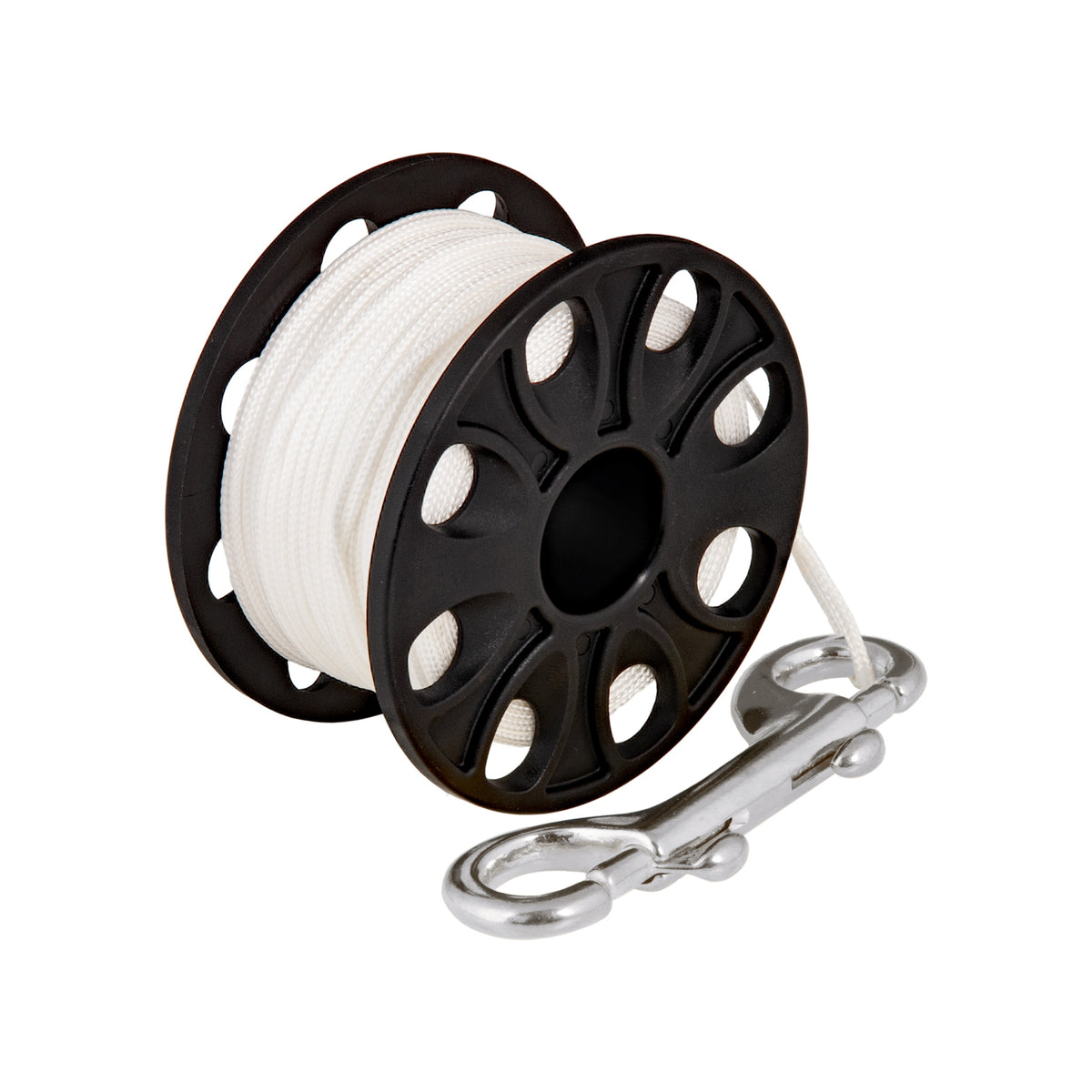 Tecline Delrin finger spool, 30 m, with white line and stainless double-ender