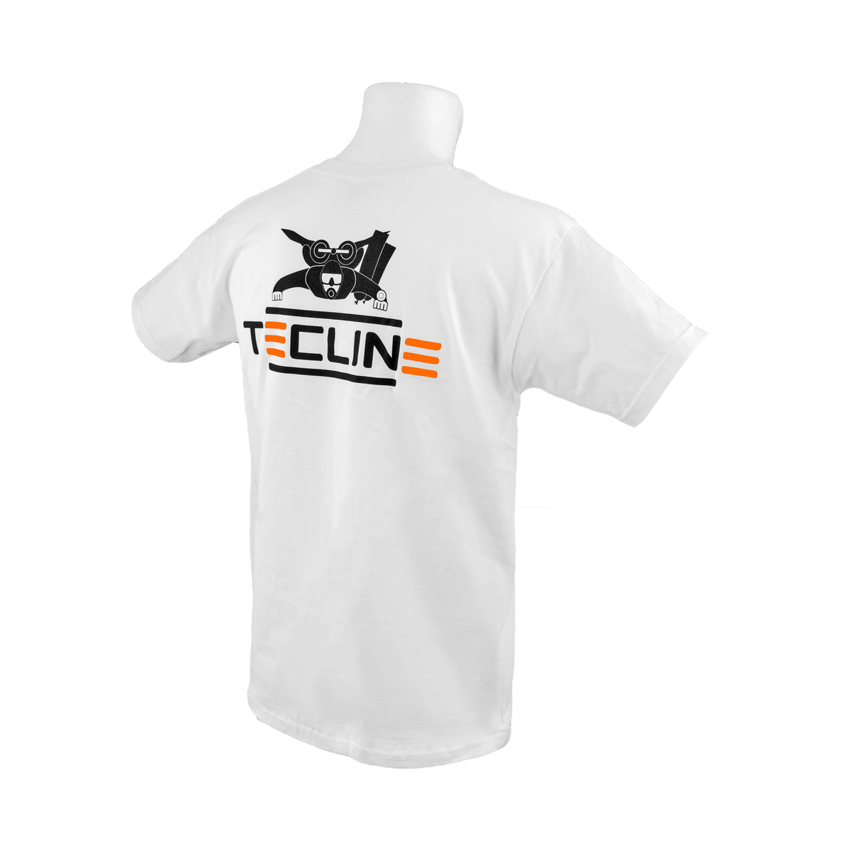 Tecline white Fruit of the Loom T-shirt on a mannequin, orange three-bar mark on the chest