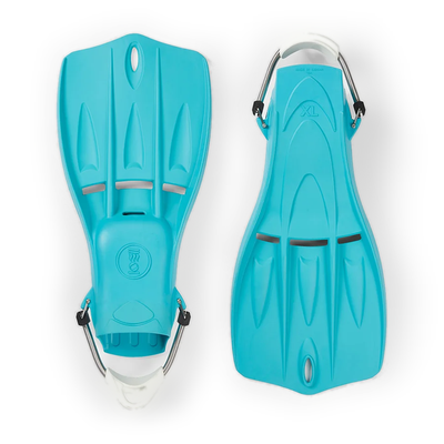 Pair of Fourth Element Tech fins in aqua, shown blade up and foot pocket up with spring straps fitted